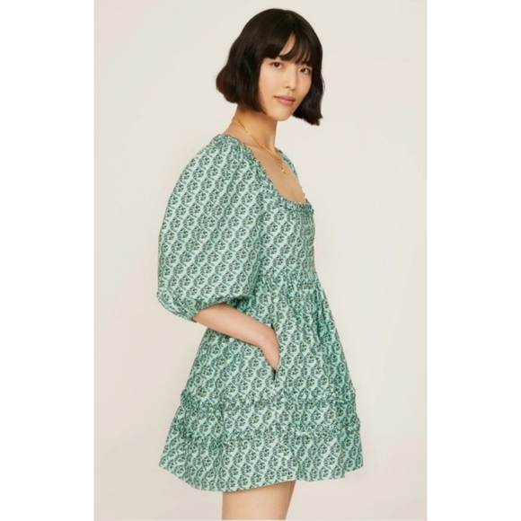 RHODE | Daya Babydoll Mini Square Neck Dress in Jawahar Garden Mint Print Size 0 - Picture 1 of 16